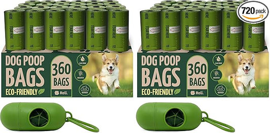 Reli. Biodegradable Dog Poop Bags w/Holder (360 Count - 24 Rolls) | 9x13" Large Dog Bags for Poop w/Dispenser | Green Eco-Friendly | Oxobiodegradable Pet Waste Disposal Refills (Unscented) (Pack of 2)