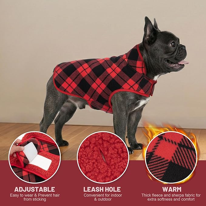 cyeollo Medium Dog Coat, Sherpa Dog Winter Coat Reversible Fleece Dogs Jackets Warm Doggie Sweater Vest for Small Medium Dogs Male with Leash Hole Soft Cold Weather Pet Clothes, Buffalo Plaid XL