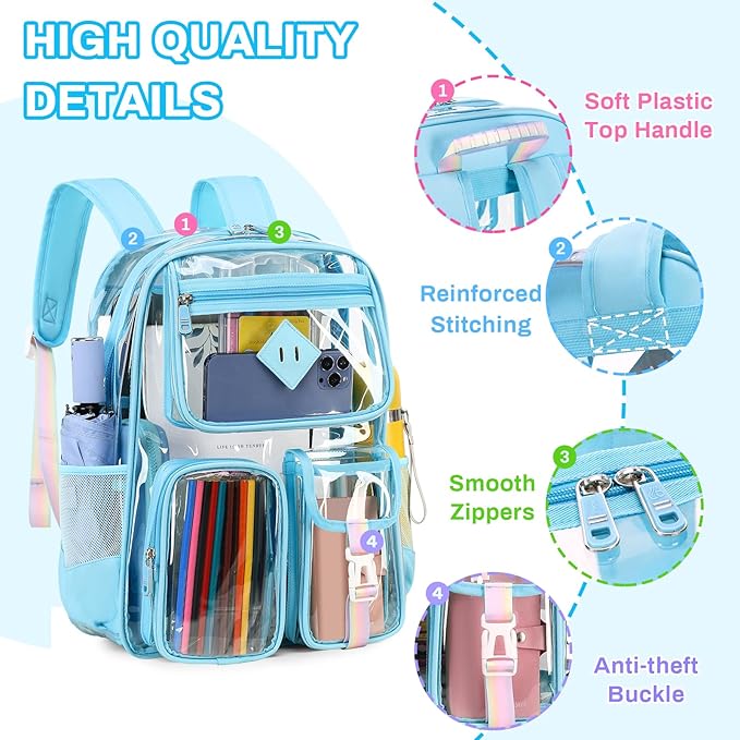 PIG PIG GIRL Clear Backpack for School,Heavy Duty PVC Transparent Bookbag for Girls Stadium Approved See Through Backpack