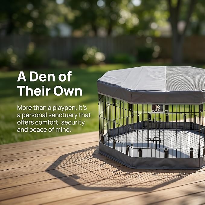 PJYuCien Dog Playpen with Top Cover and Bottom Pad - Metal Foldable Exercise Pen, 8 Panels 24" H x 24" W Indoor Outdoor Pet Fence Puppy Crate Kennel, Gray