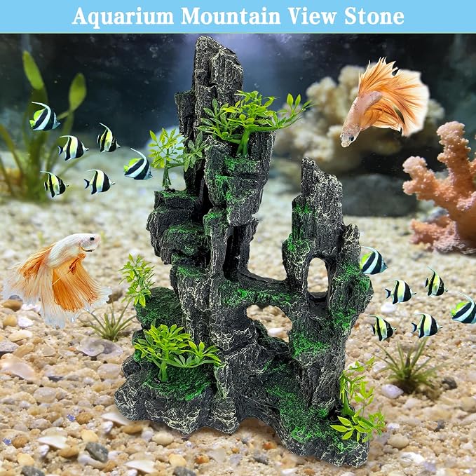 kathson Aquarium Mountain View Stone Resin Fish Tank Decoration Betta Hideout Caves Rockery Landscape Tree Rock Hiding Cave Decor for Small Fish Shrimp Play Ornament