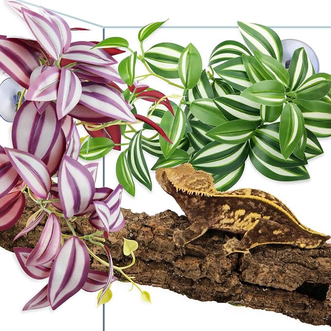 QUOZUO 2 Pack Reptile Plants, Artificial Hanging Plants with Suction Cups, Habitat Decor Plastic Vines Decorations for Bearded Dragons Lizards Snake Geckos Frogs -Purple and Green