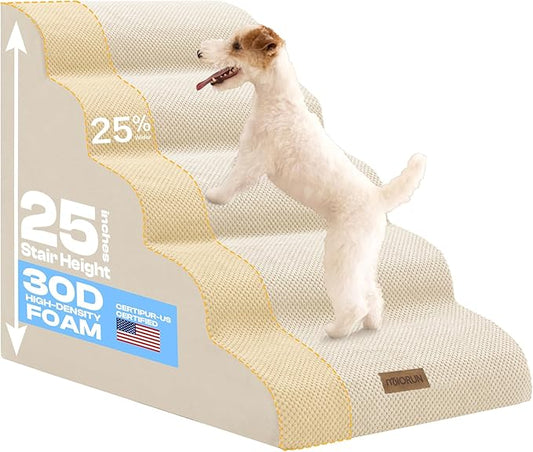Extra Wide Dog Stairs for Large Dogs Up to 80lbs, 25" Pet Steps for High Bed with Washable Cover, 5-Step Foam Bed & Couch Ladder for Small Medium Dogs & Senior Cat, Beige
