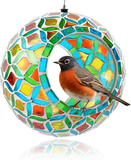 VOREEN Mosaic Glass Bird Feeder, Handcrafted Hanging Fly-Through Feeder for Outdoor Garden & Backyard, Decorative Wild Bird Feeder with Steel Wire Cable – Natural Blue & Green Mosaic Style