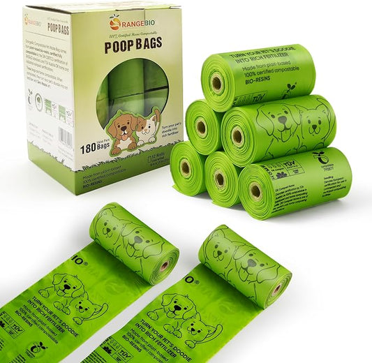 OrangeBio Dog Poop Bags, 100% Certified Home Compostable, 13 x 9 Inches - 180 Count (15 Bags per Roll, 12 Rolls), Unscented, OK Compost Home Certified