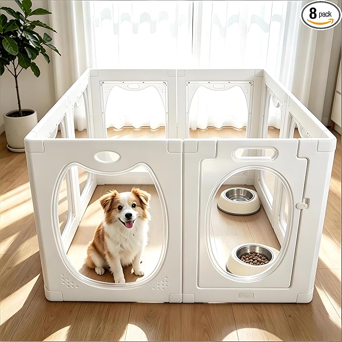 Clear Acrylic Dog Playpen with Door, 8 Panels Clear Dog Playpen Indoor, 23.6" Transparent Pet Fence, Expandable Puppy Playpen with Suction Cups, Easy Assemble for Small Dogs/Puppies/Cats