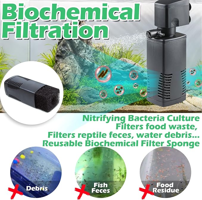 Fish Tank Filter for 15-40 Gallon Tank Crystal Clear Powerful Internal Aquarium Filters Submersible Pump& Filter System Turtle Tank Accessories
