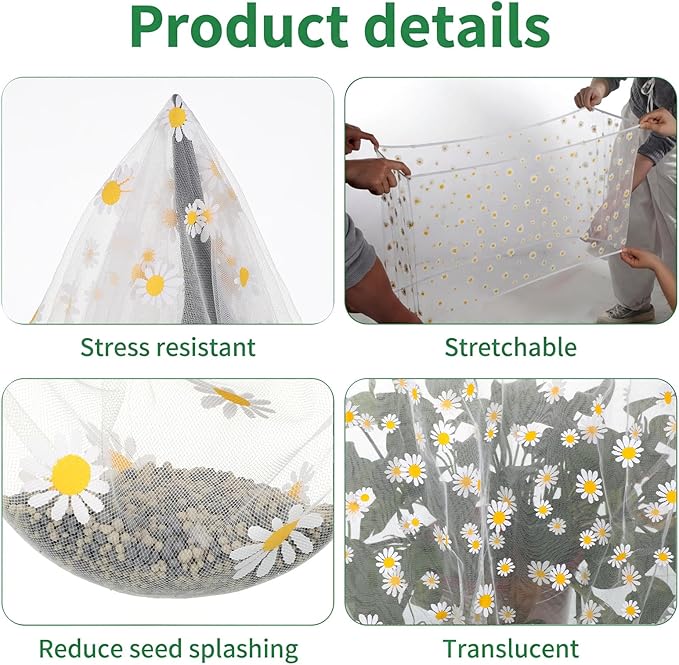 Trinkrittey Bird Cage Seed Catcher, Universal Bird Cage Seed Catcher Guard Adjustable Parrot Nylon Mesh Net Cover for Round Square Cages Parrot Parakeet African Macaw(Daisy-White, 15.7" x87")