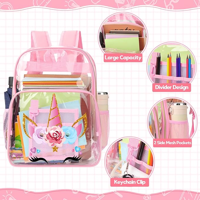 Kacctyen 3 Pcs Clear Backpack Heavy Duty Clear Stadium Bag Transparent Backpack with Lunch Bag(Pink,Unicorn)