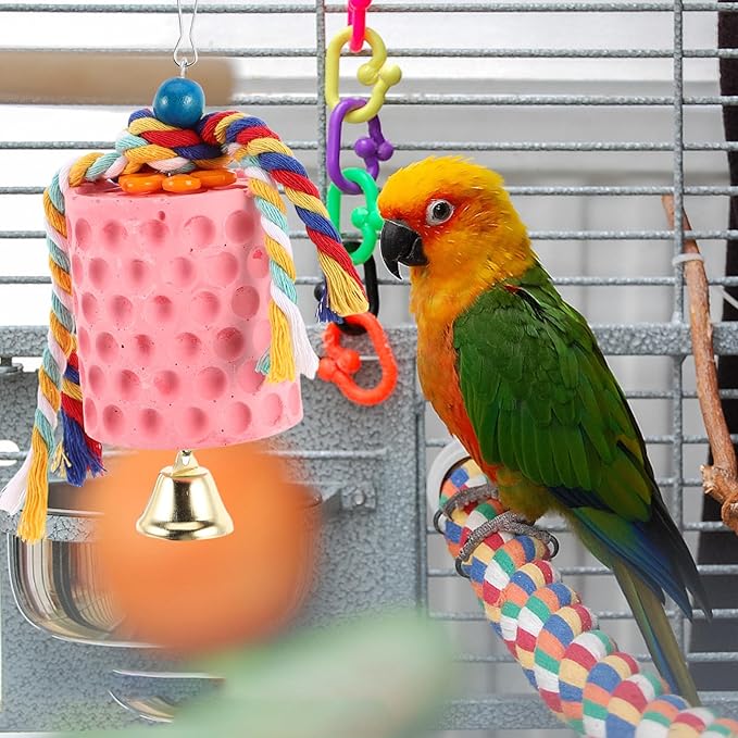 Bird Beak Grinding Stone with Bell for Parrots and Parakeets Natural Mineral Block Chew for Bird Beak Health Mental Stimulation and Cage Hanging Fun