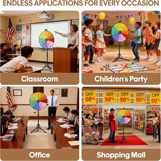 KOOV 24 Inch Prize Wheel, Adjustable 55"-61" Height Spinning Wheel for Prizes, Storable Wheel Spinner with Stand- Roulette Wheel for Party Games, Carnival, Business Events & Classroom Activities
