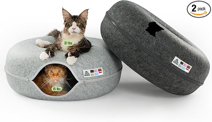 Cattasaurus Peekaboo Cat Cave Duo Jumbo Set, Extra Spacious Cat Donut for Multiple & Large Kitty 15+ lbs, Scratch Detachable Cat Beds for Indoor Cats, Washable Cat Tunnel Bed, Best Kitten Toys