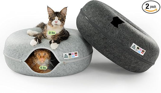 Cattasaurus Peekaboo Cat Cave Duo Jumbo Set, Extra Spacious Cat Donut for Multiple & Large Kitty 15+ lbs, Scratch Detachable Cat Beds for Indoor Cats, Washable Cat Tunnel Bed, Best Kitten Toys