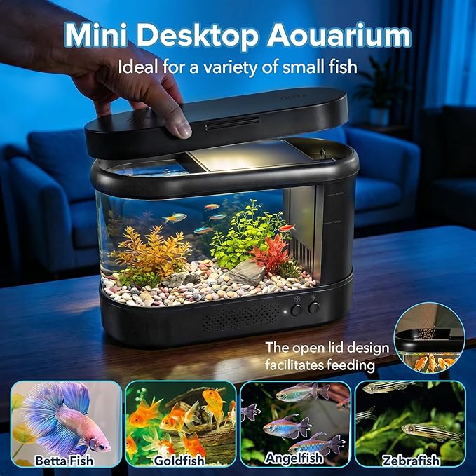 Betta Fish Tank Black 1 Gallon Acrylic Small Aquarium Kit | with Water Filter Pump & LED Light,Quiet Office Desktop Fish Bowl for Small Fish,Plants and Shrimp
