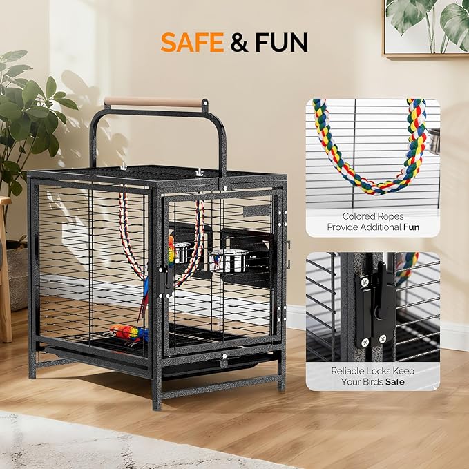 VINGLI Bird Cage, Wrought Iron Bird Cage with Handle for Parakeets, Parrot, Lovebirds, Finches, Small/Medium Birds (25" with Handle)