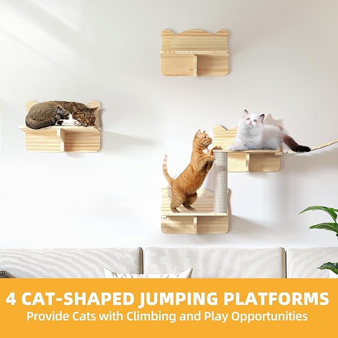 Cat Shelves for Wall, 18-in-1 Solid Wood Wall Mounted Cat Wall Shelves with Tunnel, Scratching Post, Steps & Bridge Ladder, Multi-Level Cat Climbing System, Space Saving, Floating Cat Shelves