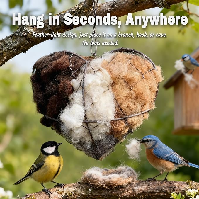 Handmade Fiber Bird Nesting Heart, Alpaca Wool Bird Nest for Outdoor Hanging, Natural Warm Hummingbird House Alternative, Bird Accessories for Garden Trees, Bird Houses for Outside(2Set)