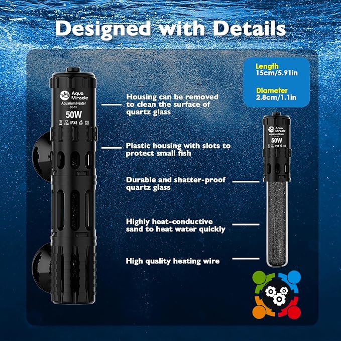 AquaMiracle Submersible Aquarium Heater, 50W Fish Tank Heaters with LED Digital Temp Display, Dry-Run Auto Power-Off & Overheat Protection, for Freshwater and Saltwater Tanks (5-10 Gal)
