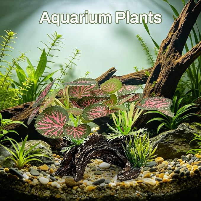 Silk Aquarium Plants with Artificial Driftwood | Soft silk plants with resin driftwood, safe for fish, lifelike, durable, fits small & large tanks, maintenance-free.