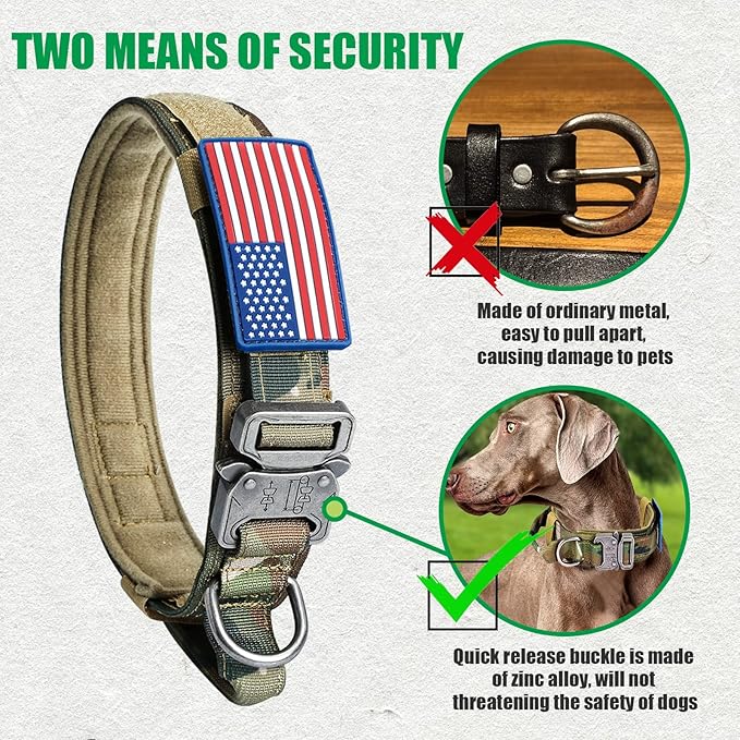 Tactical Military Dog Collar - Adjustable Nylon, Heavy Duty Metal Buckle With Handle for Training, With Patches (Camo, L)