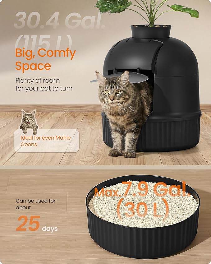 Feandrea Plant Cat Litter Box Enclosure with Artificial Plant, Enclosed Hidden Litter Box Furniture with Door, Carbon Filter, Odor Control, Pebbles, Scoop, Brush, Ink Black UPPT006B101