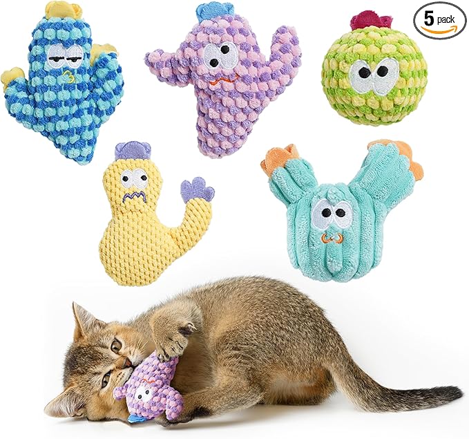 5 Pack Cactus Catnip Toys, 100% Organic Catnip Toys for Indoor Cats, Interactive Plush Chew Fun Without Cotton, Teething Soft Kittens Toys for Kitty, Colorful