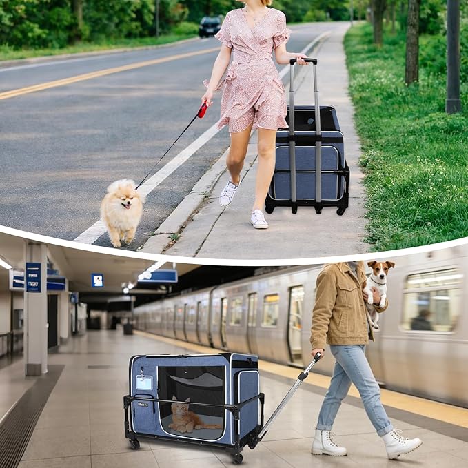 Petskd Side Expandable Extra Large Cat Carrier with Wheels and Litter Box for Long Distance Car Travel, 24"x17"x17" Collapsible Soft-Sided Pet Carrier with Zipper Locks for 2 Cats Under 55LBS(Blue)