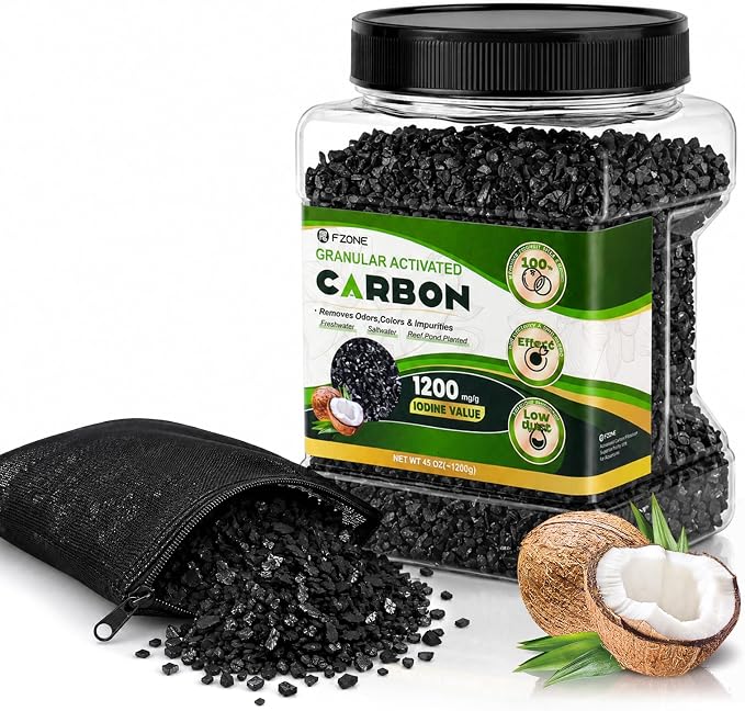 FZONE Activated Charcoal, Premium Natural Coconut Shell Activated Carbon for Freshwater and Saltwater, Aquarium Filter Media, Activated Charcoal Bulk (2.8lb with Fine Mesh Bag)