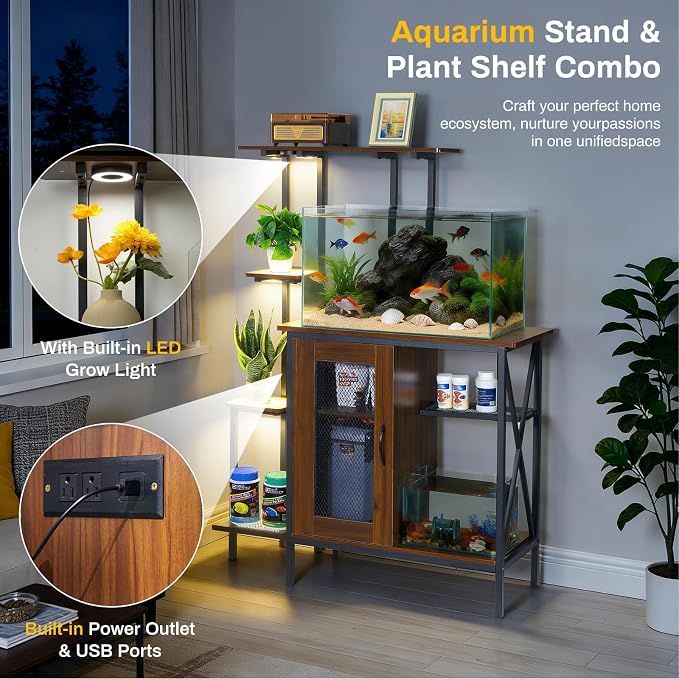20-29 Gallon Fish Tank Stand with Plant Shelf, 2-in-1 Walnut Aquarium Stand | Built-in Power Outlet, Full Spectrum LED Grow Light, Adjustable Storage Shelves, Stable Metal Frame for Home Use