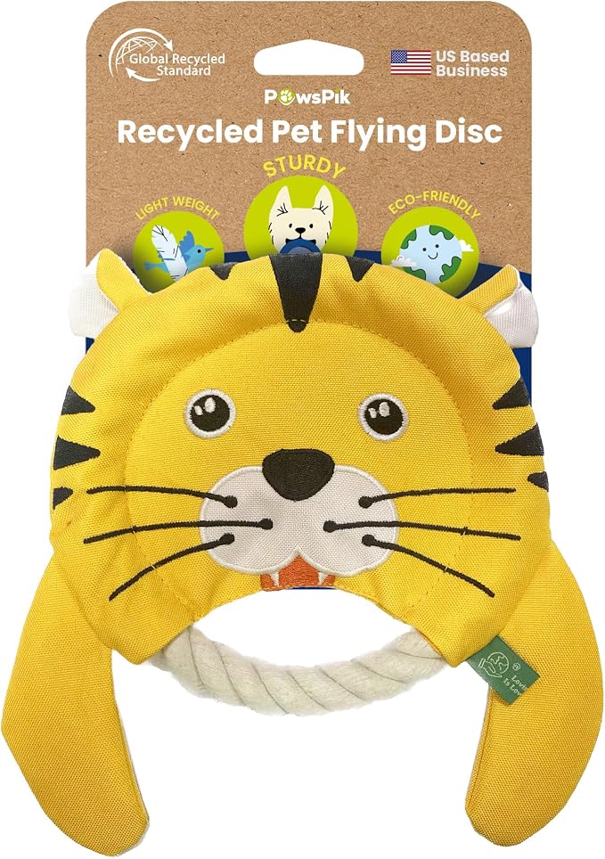 PAWSPIK Flying Disc Tug-of-War Toy, Eco-Friendly Recycled Material, Squeaker Toy for Medium and Large Dogs, for Throwing & Fetching 8.5" Diameter (Tough Tiger)