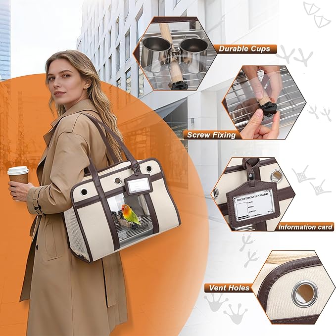 Sanmoncare Stylish Bird Carrier with PU Leather Handle, Portable Travel Cage for Cockatiels & Conures, Lightweight Parrot Bag with Stainless Steel Tray, Vet Visit, White