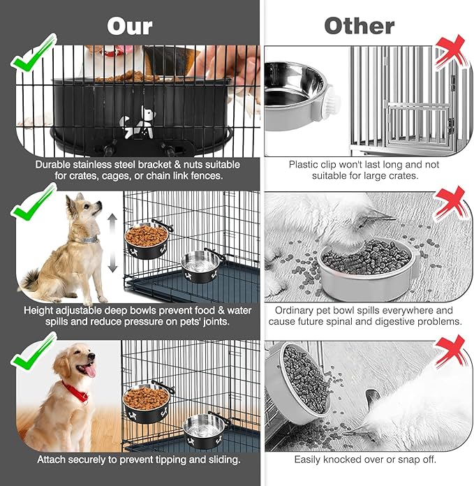 Crate Dog Bowl, 2 Pack Dog Crate Water Bowls Hanging No Spill, Removable Stainless Steel Mountable Pet Kennel Bowl Food Feeder Coop Cup Cage Accessories for Puppy Cat Rabbit Guinea Pigs Ferret Bird