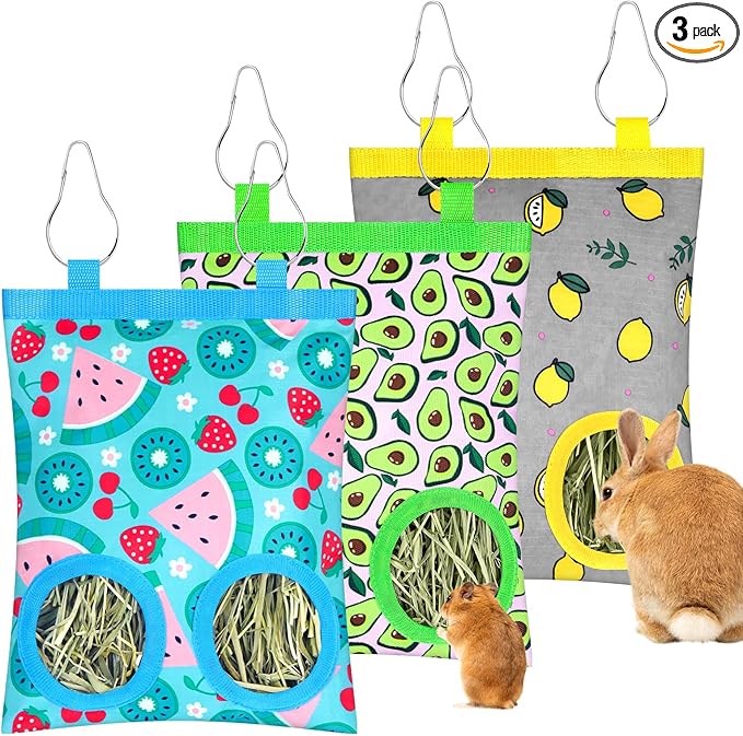 3 Pack Rabbits Hay Feeder Bag, 2 Holes Hanging Bunny Hay Feeder Guinea Pig Feeding Bag Storage Dispenser for Bunny Rabbits Chinchillas Hamsters Small Pets and Animals