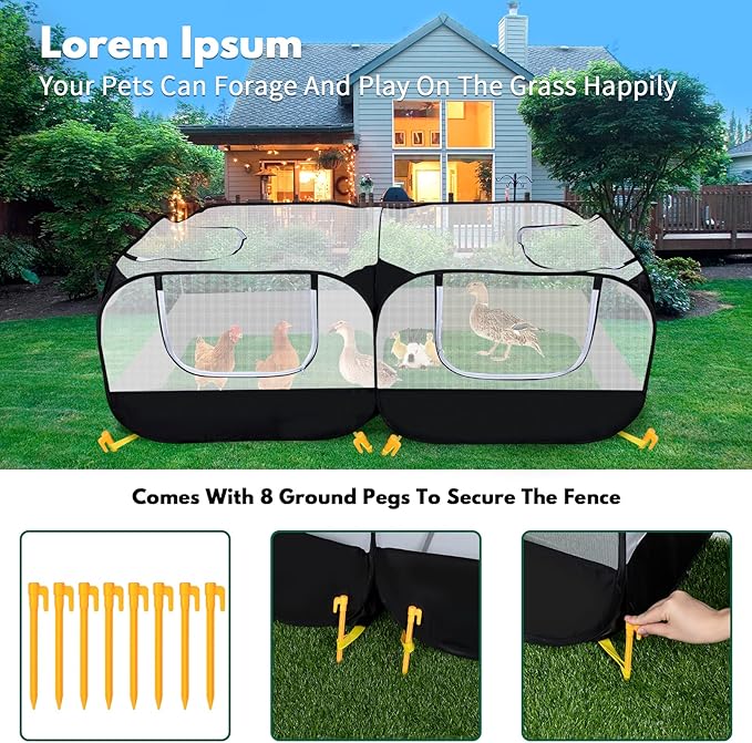 Small Animal Playpen, Portable Chicken Run Coop with Detachable Bottom and Breathable Mesh Walls, Foldable Pet Enclosure for Puppy Kitten Rabbits, Pet Tent Indoor Outdoor