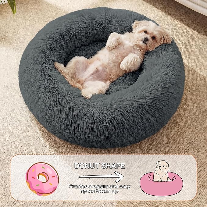 WROS Calming Dog Bed, 24" x 24" x 6" Fits Cat & Dog, Anti-Slip Round Washable Faux Fur for Doze Off, Napping Orthopedic, Dark Grey