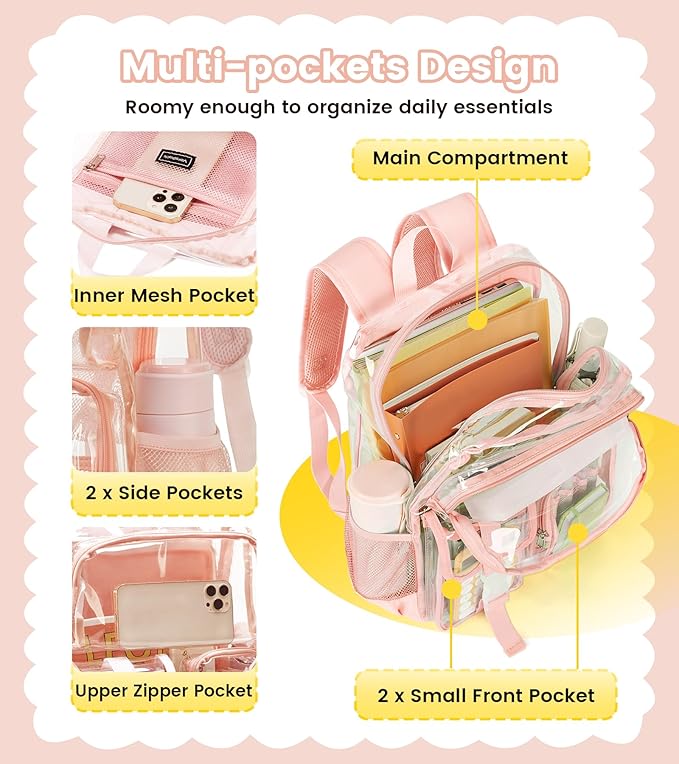 Vorspack Clear Backpack - Heavy Duty Transparent Bookbag for Adults Large See Through backpacks for Work, College, Travel - Light Pink