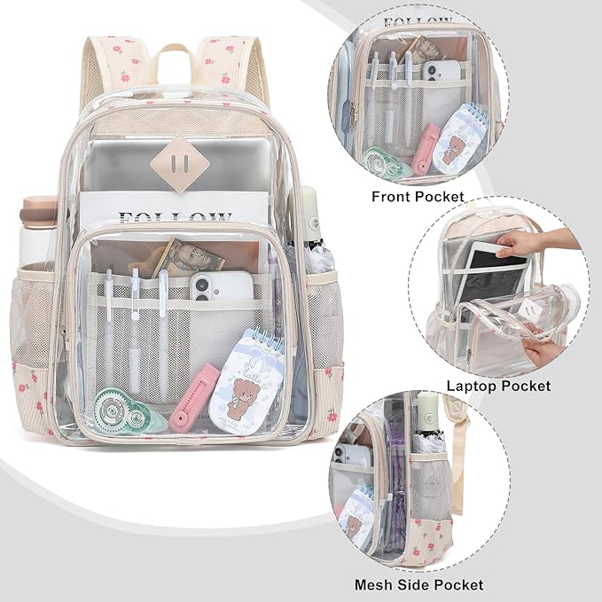 Clear Backpack for Girls Women School Bookbag Heavy Duty Transparent Backpacks (Corduroy Flowers Pink)