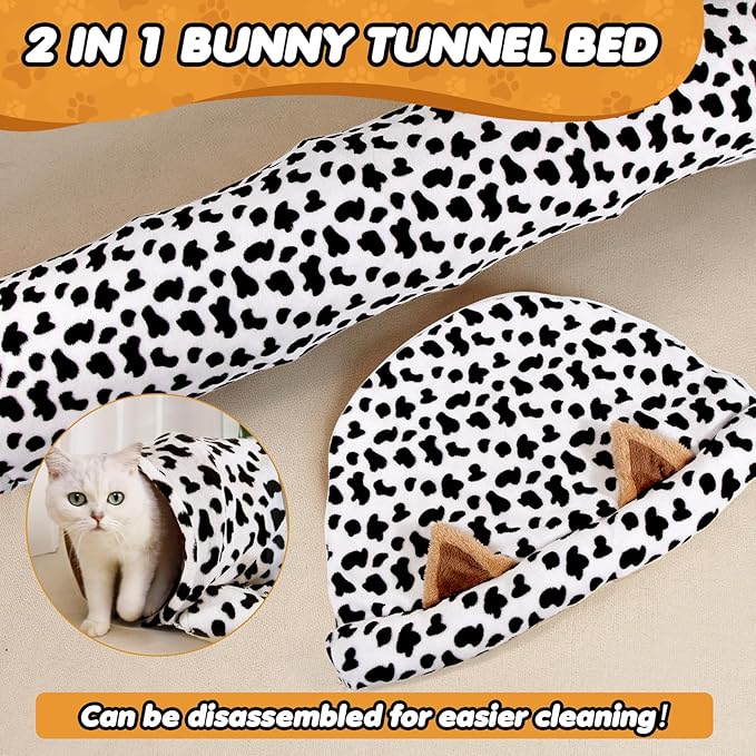 Spardar Bunny Tunnel Bed, 2-in-1 Collapsible Tunnel Tubes Toys, Washable, with Removable Mat Hideout, Interactive Toys for Rabbits Chinchilla Hedgehog Guinea Pigs Kitty, Cow