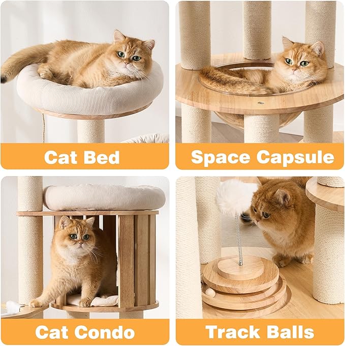 HITTITE Solid Wood Cat Tree Tower with Scratching Post, 61 Inches Tall Cat Towers with Capsule and Condo, Modern Cat Tower with Hammock and Removable Top Bed for Indoor Cats.White