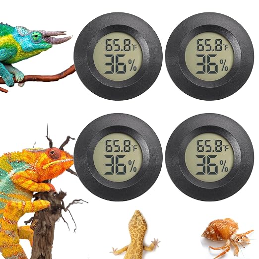 Reptile Thermometer and Humidity Gauge Digtal Terrarium Thermometer 4pc | Circular Bearded Dragon Cage Accessories Reptile Temp and Humidity Gauge for Leopard Gecko Hermit Crab Gecko Lizard Etc