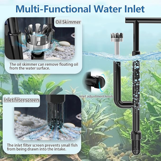 Three seconds Quiet Hang on Back Aquarium Filter 10-45 Gallon | 7W Fish Tank Filter, Oil Skimmer,4-Stage Filtration,Adjustable Flow,Duckbill/Bell-Mouth/Rain Pipe Outlet,132GPH