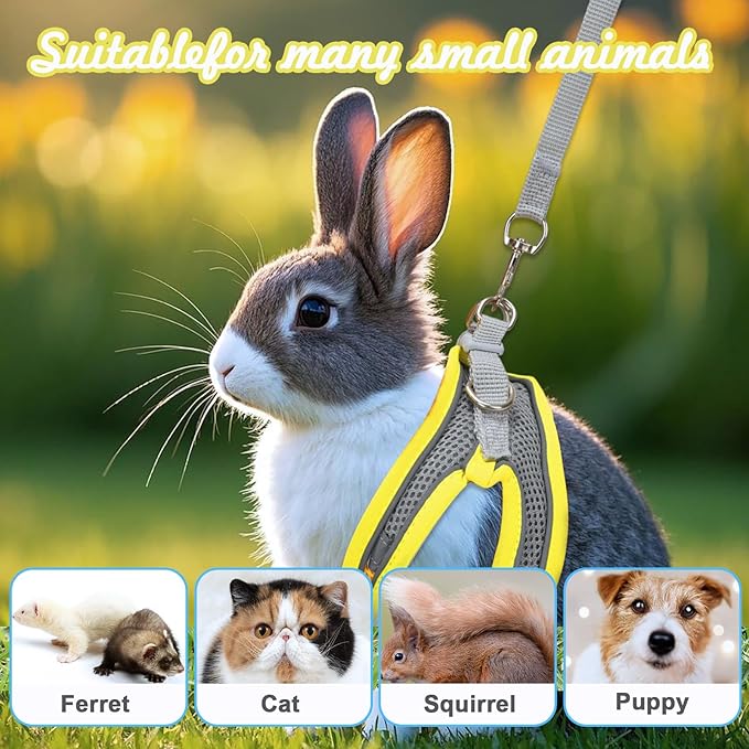 PETKNOWS 2 Pack Rabbit Harness and Leash Set, Double Buckle Bunny Harness with Reflective Strips Soft Breathable Mesh Vest Harness for Rabbits Walks Accessories(Pink and Yellow)