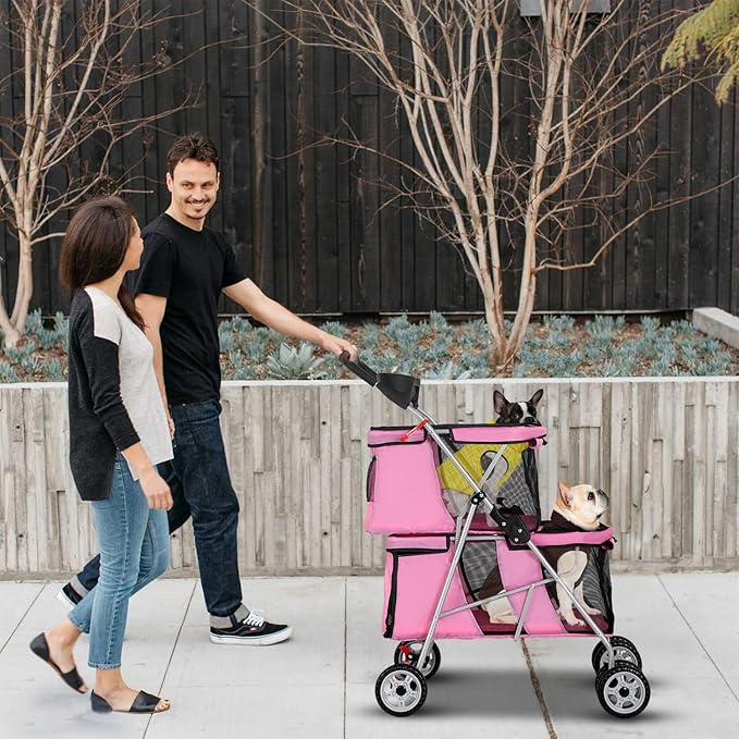 FDW 4 Wheels Pet Stroller Dog Cat Carriers Bag Lightweight Waterproof Folding Jogger Double Stroller with Cup Holders,Pink