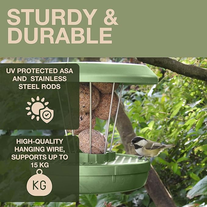 SWISSINNO Bird Feeders - No Mess Fat Ball/Suet Feeder for Outdoors Hanging - Smart Birds Lucerne Spill Proof Wild Cardinal Bird Feeder with Integrated Seed Catcher Tray - Sage