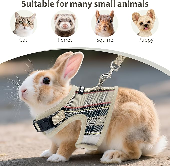 AIITLE Bunny Harness and Leash Set Escape Proof - Magic Tape Design, Lightweight Plaid Pattern Mesh Padding, No Pull No Choke for Puppy Cat Rat Squirrel Ferret, Outdoor Walking Running, Beige S