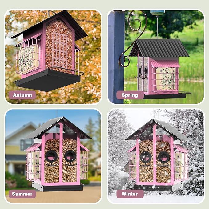 FlowaFoli Bird Feeders for Outdoors, Metal Bird Feeder with Double Suet Cage Weatherproof Metal Roof, 2 in 1 Mixed Seeds Suet Feeder, 4Lbs Large Capacity, Great for Finch、Cardinal、Chickadee（Pink）