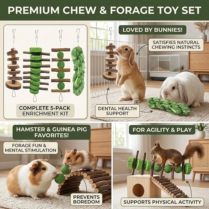 5pcs Rabbit Toys,Bunny Chew Treat for Teeth Grinding,Hanging Timothy Hay Ball +Apple Stick Wood +Alfalfa Grass Cake Food Snack for Cage Guinea Pig Chinchilla Hamster Squirrel Gerbil Rat Parrot