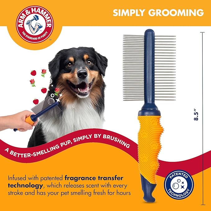 Arm & Hammer Deodorizing Dog Grooming Comb, Fragrance Transfer Technology with Baking Soda, Fine & Standard Teeth for Detangling & Flea Removal, Dematting Tool for Dogs, Sweet Apple & Rose Scent