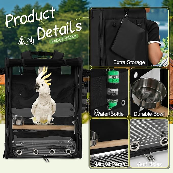 Bird Carrier Travel Cage, Cockatoo Carrier, Parrot Travel Backpack with Unbreakable Stainless Steel Mesh, Perch, Water Bottle and Food Bowl, X-Large Black