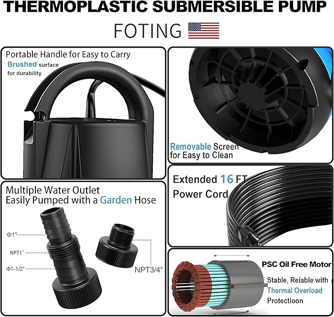 FOTING Sump Pump 3/4HP Dirty Submersible Water Pump,2400GPH Utility Pump Thermoplastic Electric Portable Transfer Water Pump for Swimming Pool Pond Basement with 16ft Power Cord, with Float Switch
